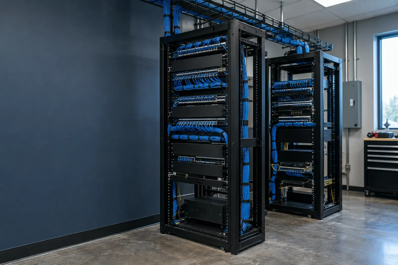 Rows of network racks with neatly dressed blue patch cables glowing in a dark server room