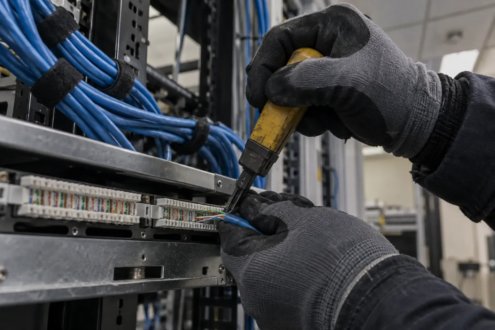 A technician terminating Cat6 cables into a rack-mounted patch panel