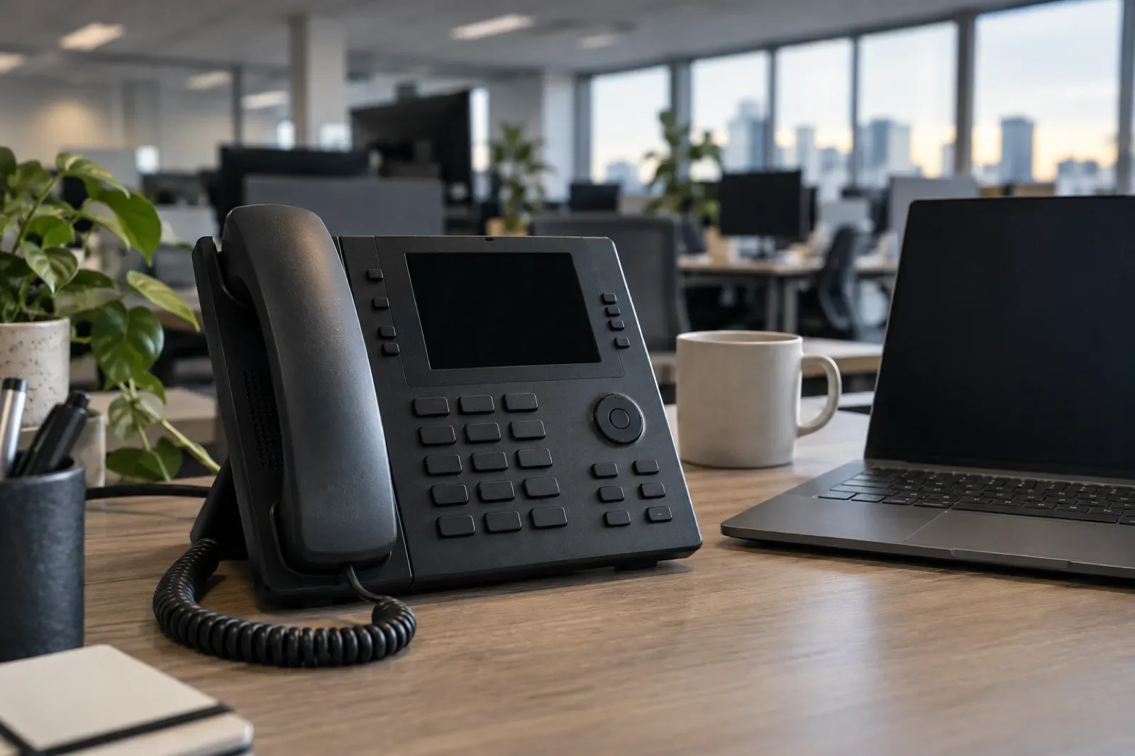 A modern IP desk phone on a walnut desk in an office at dusk