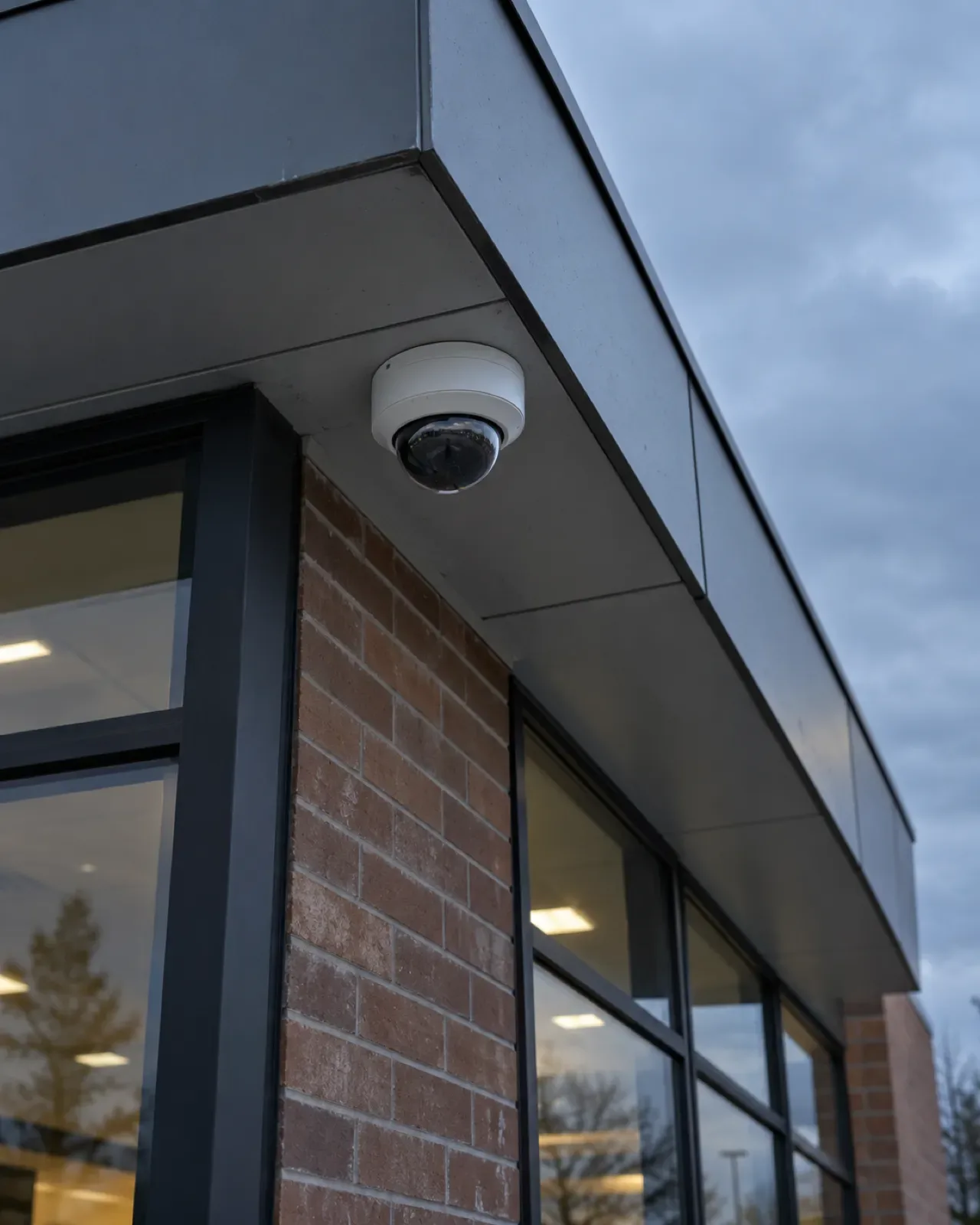A dome security camera on the corner of a modern commercial building at dusk