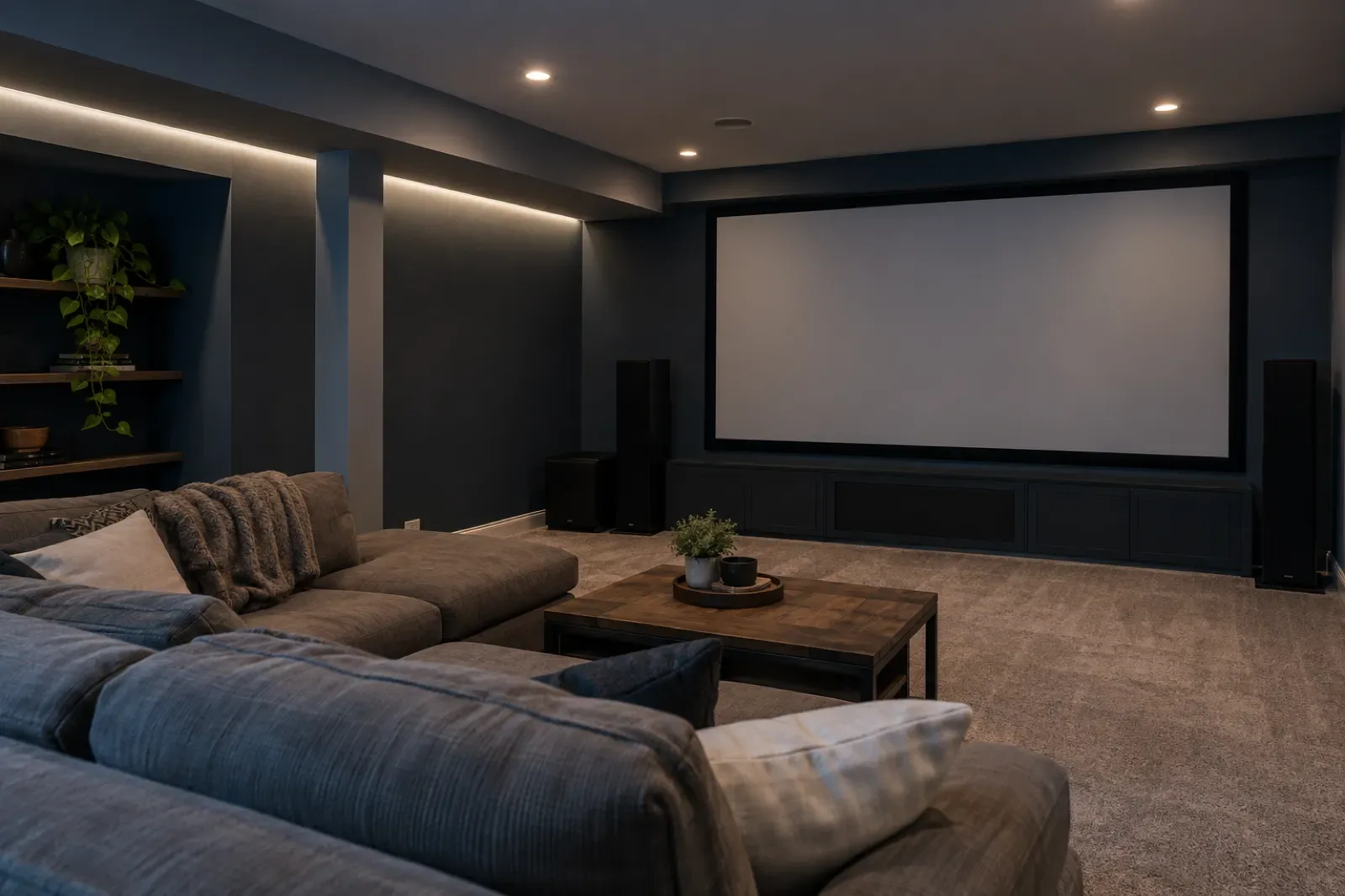 A home theatre with a large screen and LED strip lighting in the ceiling