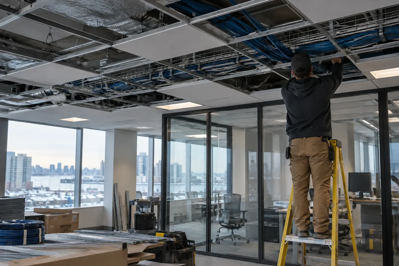 An open office mid-installation, ceiling tiles open over neat cable trays