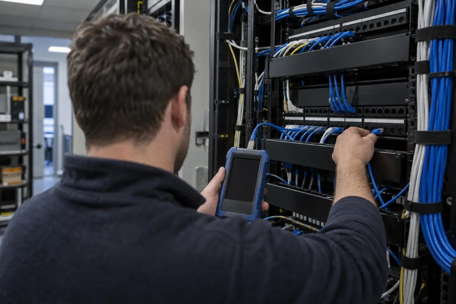 A certified technician testing a newly terminated cable run at a patch panel