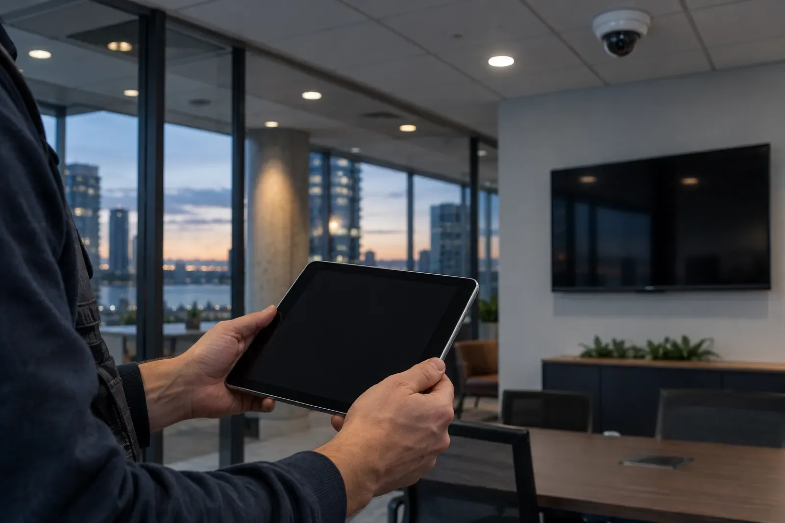 A tablet controlling a smart office's lights, display and security camera at dusk