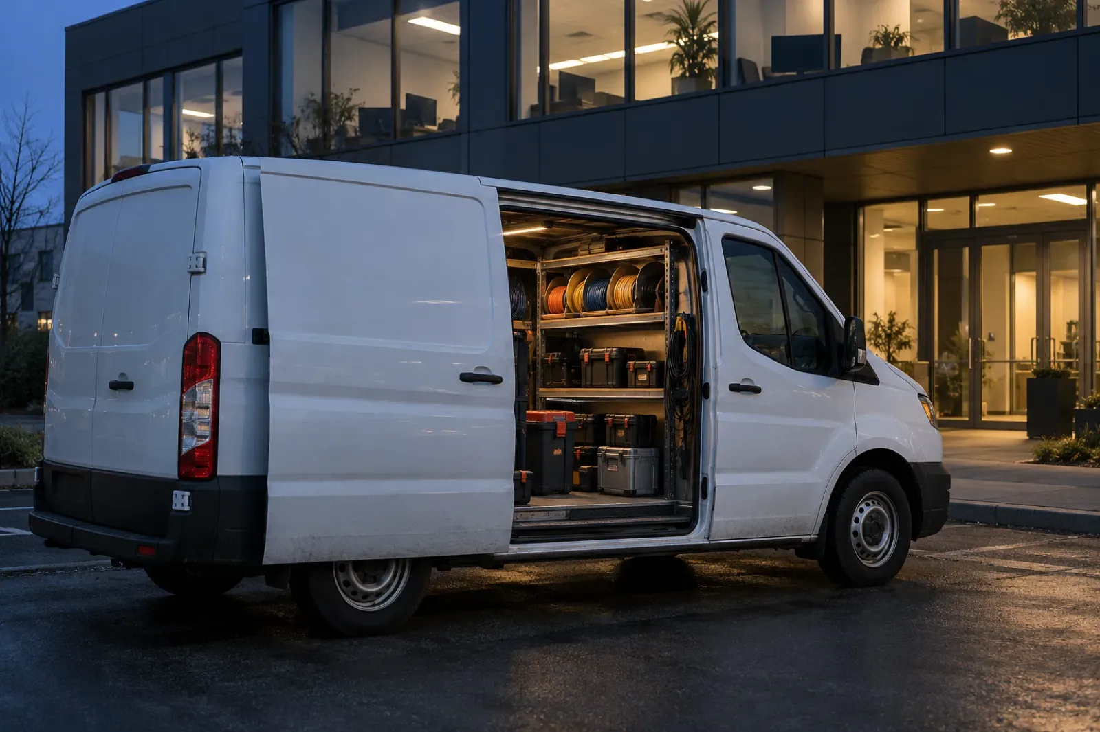 A service van stocked with cable spools and tool cases outside a modern office building at dusk