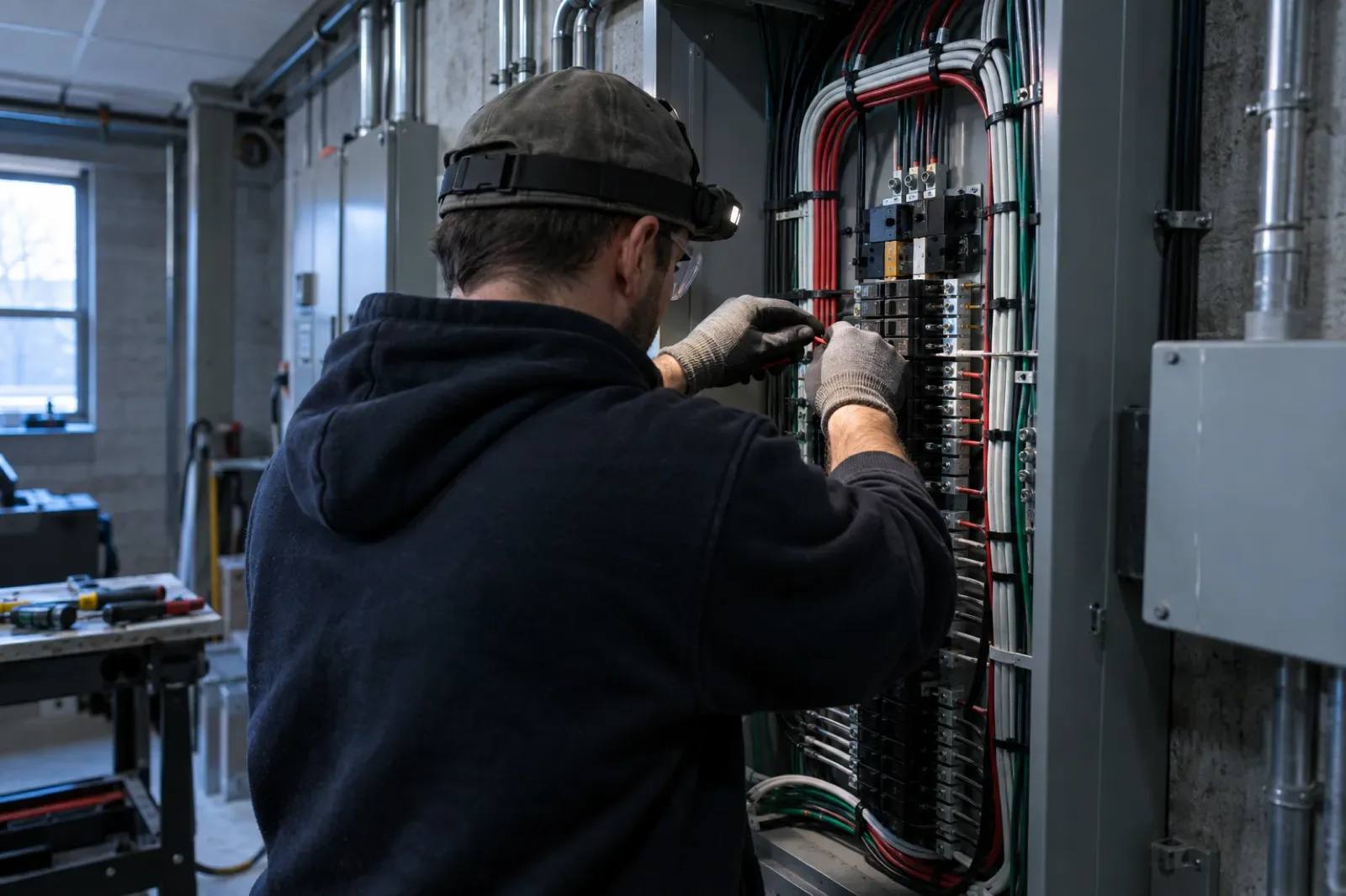 A certified electrician wiring a neatly organised commercial electrical panel