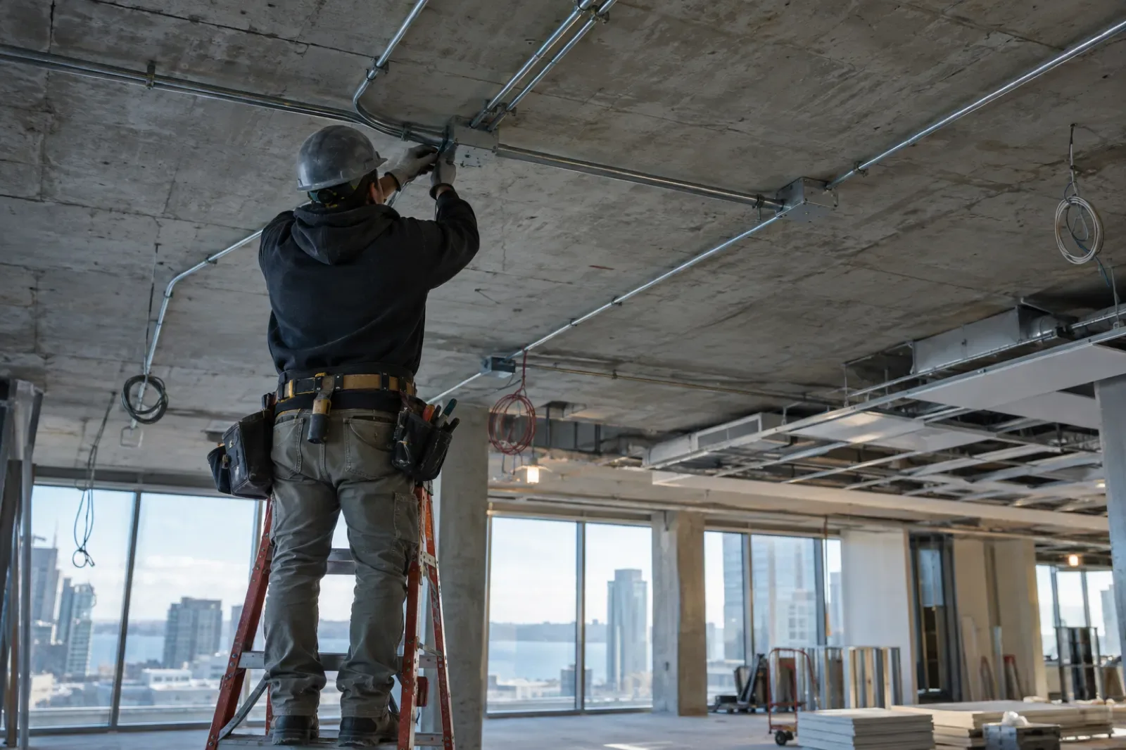An electrician installing metal conduit runs across an open office ceiling
