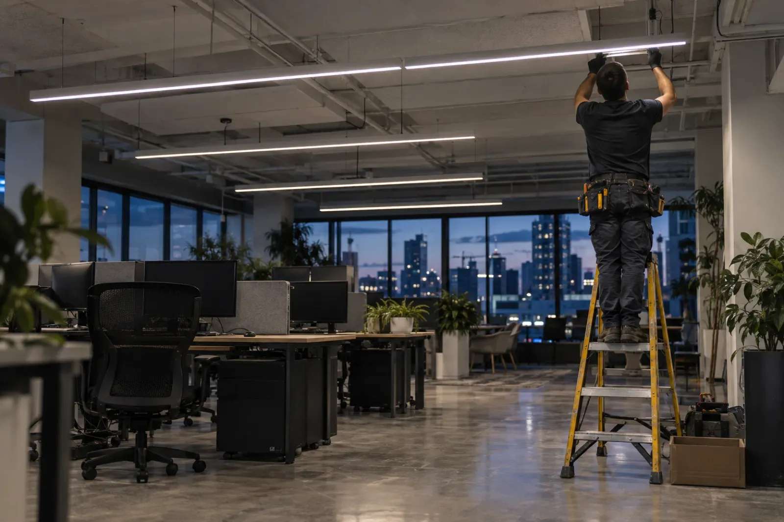 Newly installed linear LED lighting in a modern open office at night