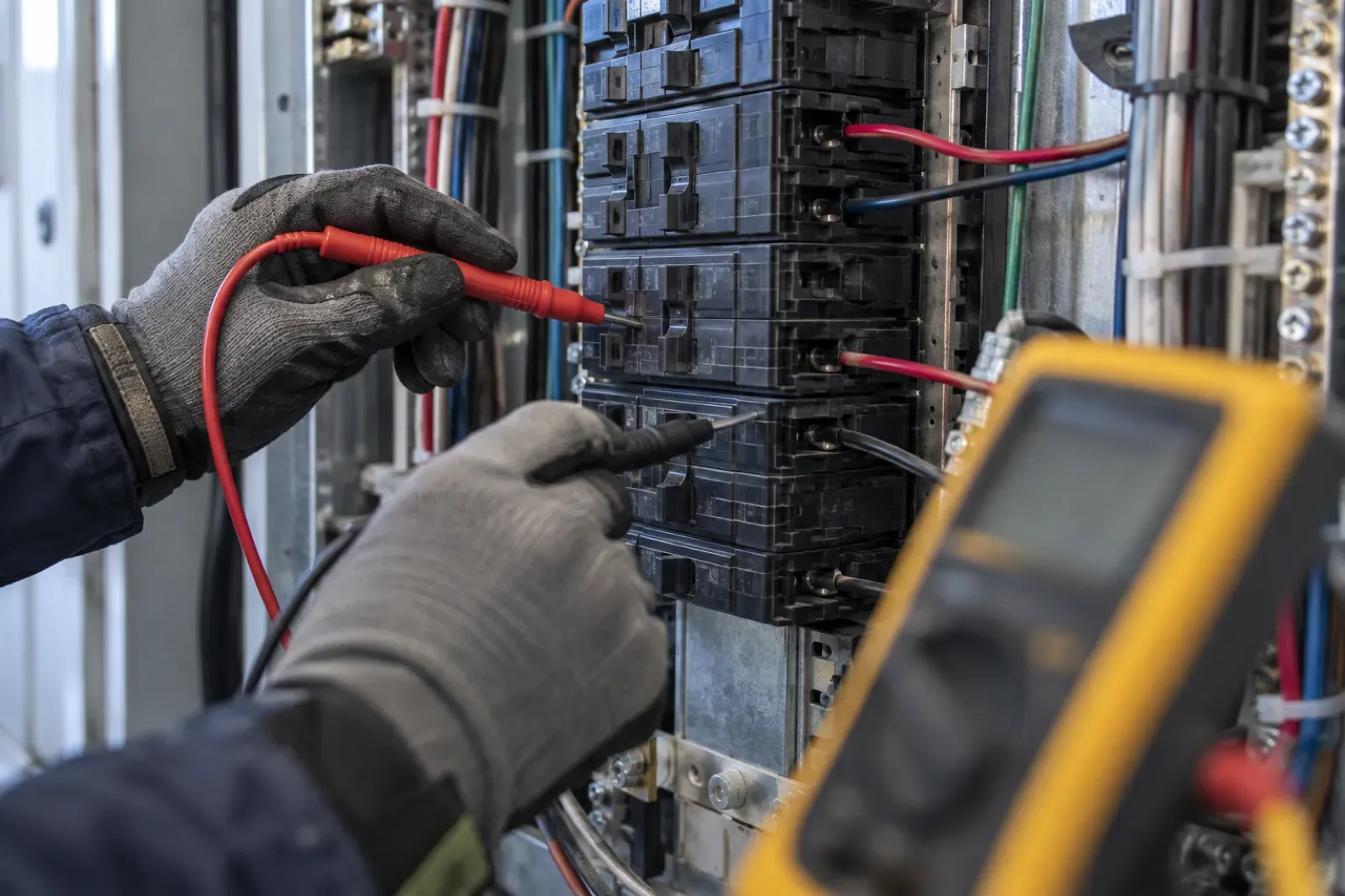 An electrician testing a new circuit breaker with a multimeter